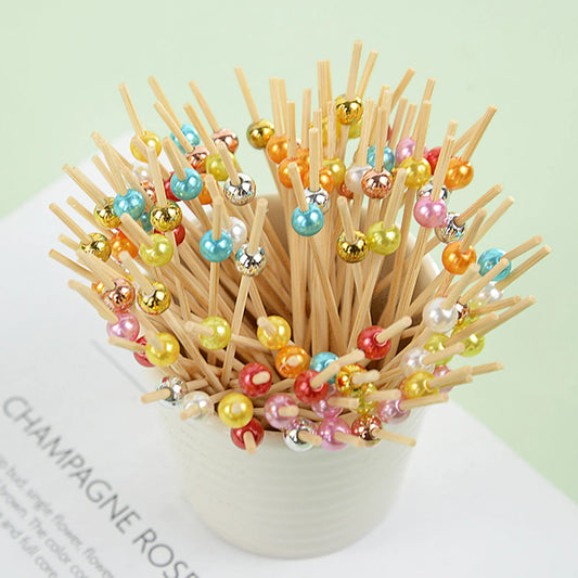 100pcs Gold Silver Beads Bamboo Fruit Snack Sticks Cocktail Decor Buffet Toothpicks Skewer Wedding Birthday Party Party Supplies