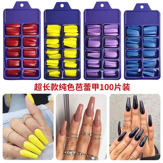 100Pcs Candy Color Long Ballerina False Nail Tips Full Cover Matte Acrylic Fake Nails Tip DIY Beauty Manicure Extension Tools